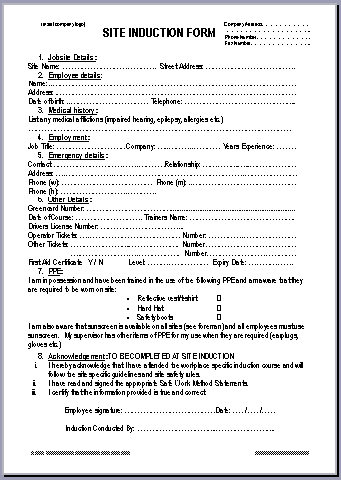 site induction form template ohs documents australia induction and personnel site induction form template ohs documents australia induction and personnel